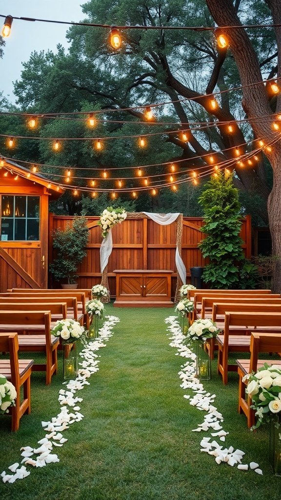 A backyard wedding ceremony setup with wooden benches, rose petals, lanterns, and string lights.