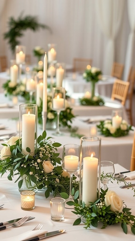 Elegant wedding centerpieces featuring candles and greenery on tables