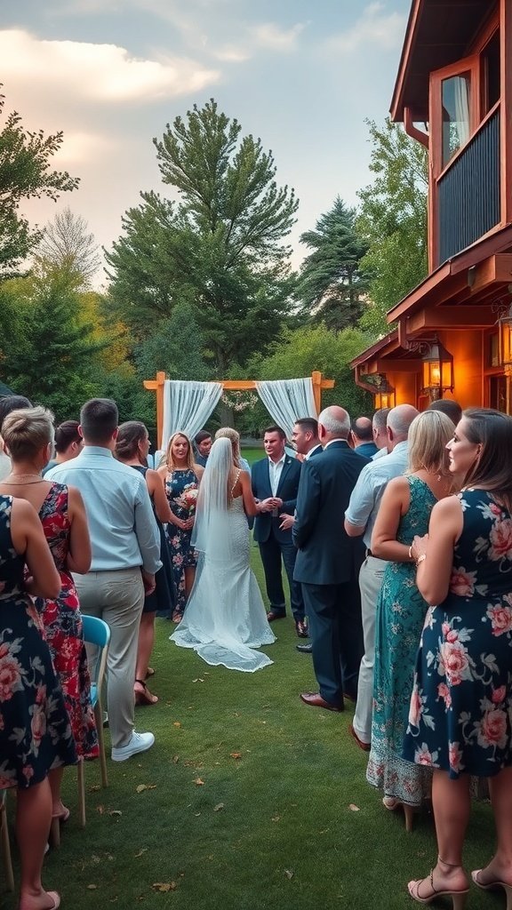 Guests in floral dresses attending a casual outdoor wedding ceremony.