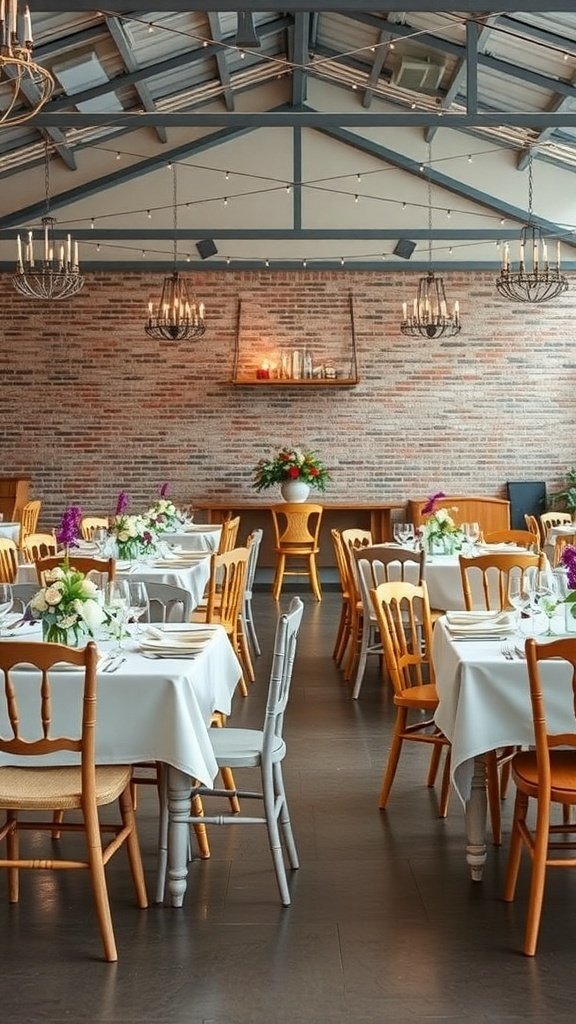 A cozy wedding reception setup with mixed wooden chairs and elegant table settings.