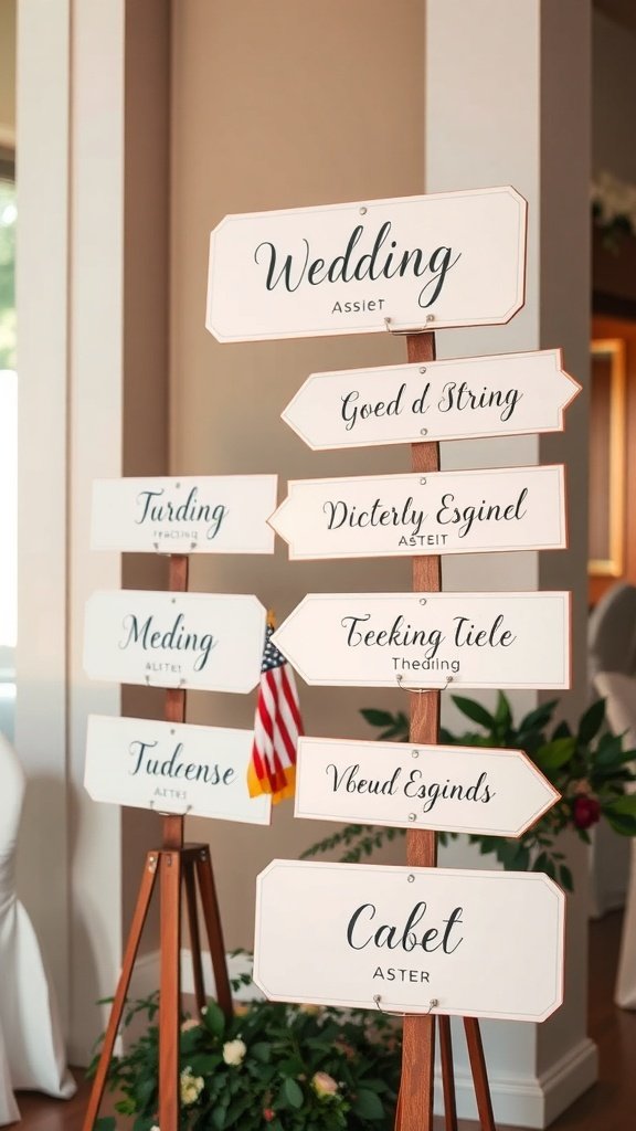 A display of wedding directional signs with various labels, showcasing simple wedding signage.