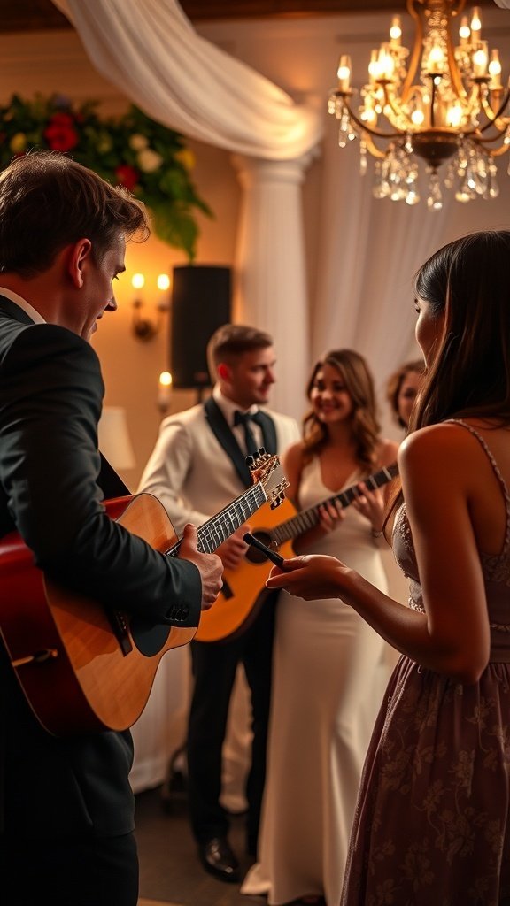 Friends playing live music at a wedding, creating a joyful atmosphere.
