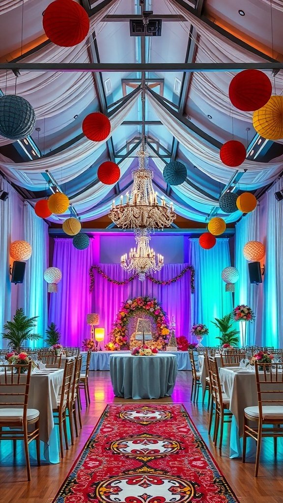 A colorful wedding setup with lanterns, a chandelier, and floral decorations.