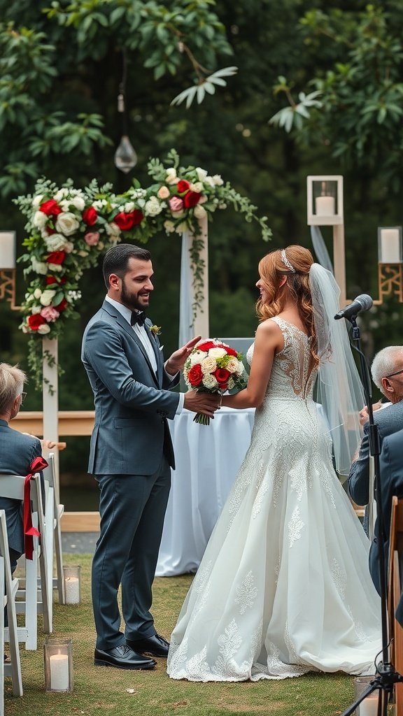 A couple exchanging vows at an outdoor wedding ceremony with a floral arch and guests seated nearby.