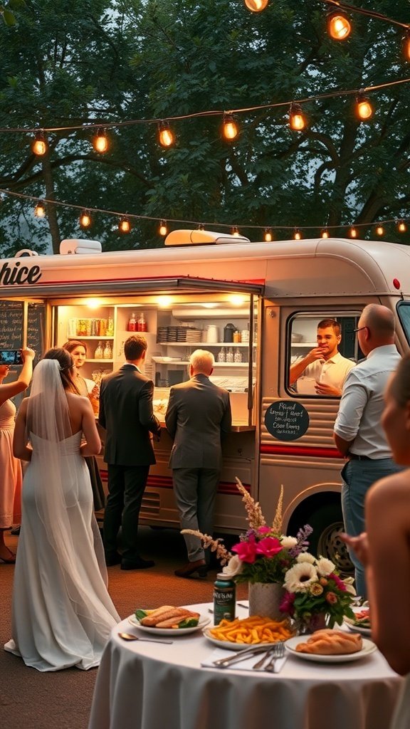 A food truck at a wedding with guests ordering food, surrounded by string lights and a decorated table.