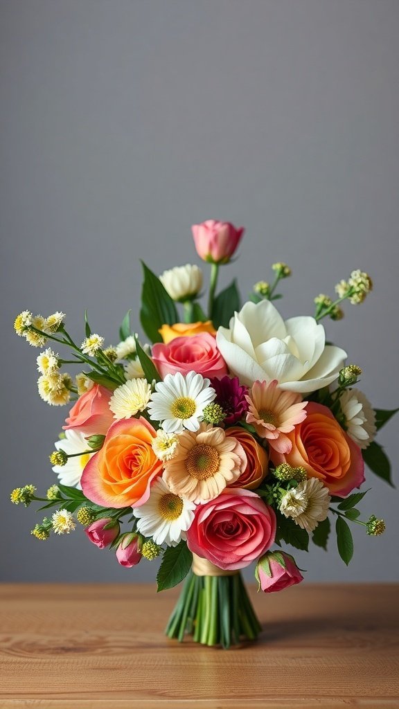 A colorful bouquet featuring roses, daisies, and tulips, perfect for a wedding.
