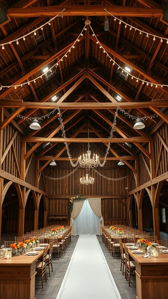 Interior of a rustic barn venue for a wedding, featuring wooden beams, string lights, and elegantly set tables.