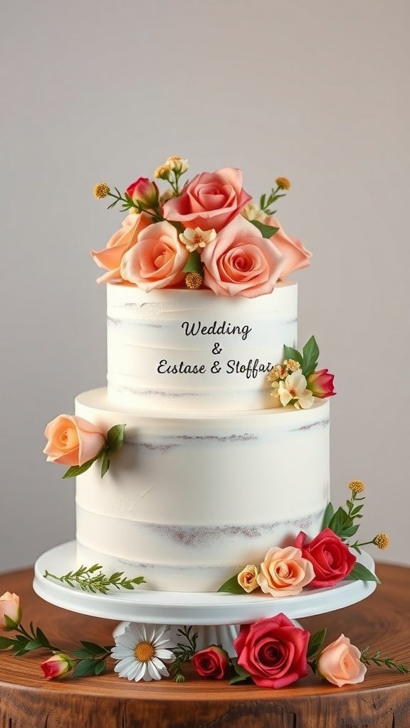 A three-tier wedding cake decorated with roses and greenery, featuring a minimalist design.