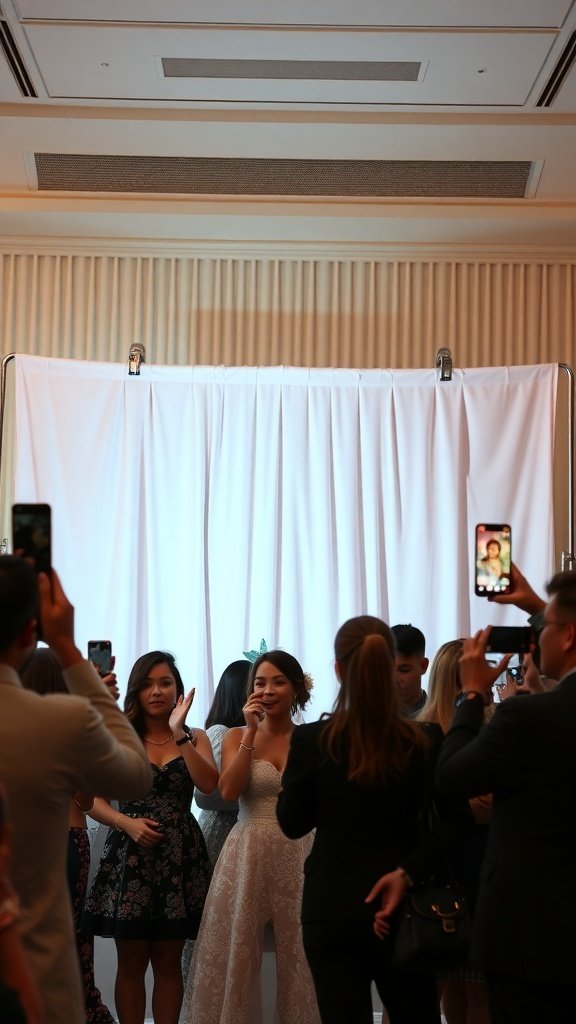 Guests enjoying a DIY photo booth setup with a white backdrop and props at a wedding.