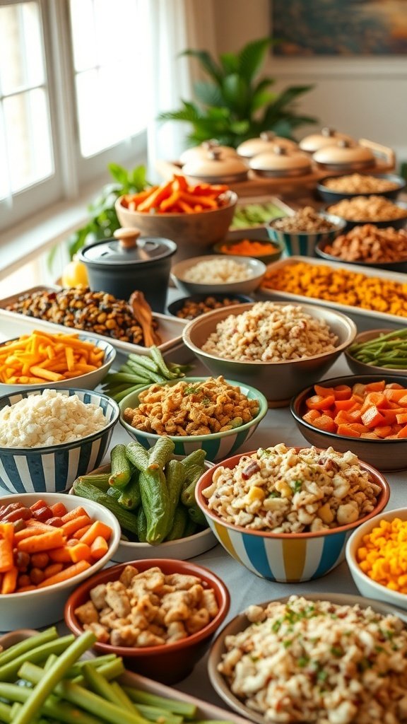 A colorful potluck spread featuring various dishes in bowls on a table.