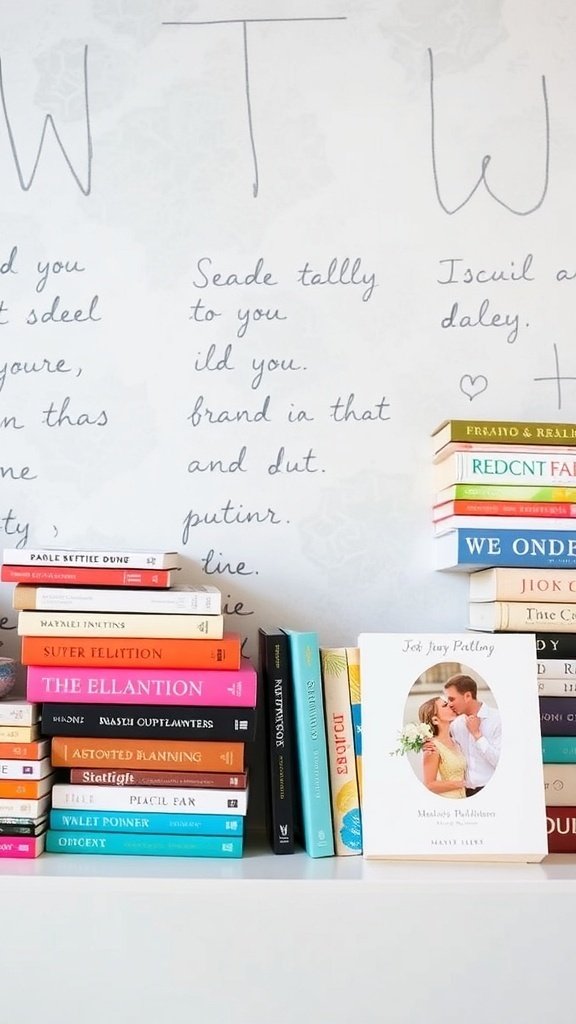 A collection of colorful wedding planning books stacked on a shelf.