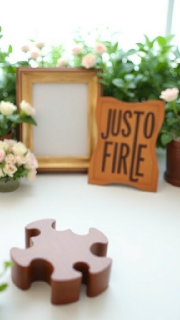 A creative guest book alternative setup with a wooden puzzle piece, an empty frame, and a decorative sign surrounded by flowers. Small-Budget Wedding
