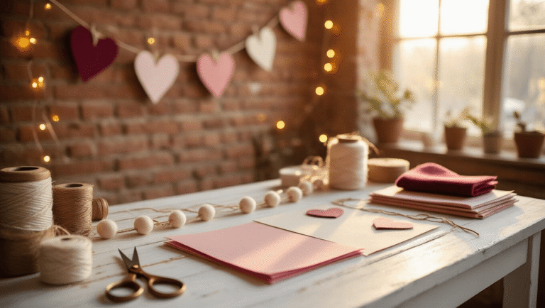 A beautifully styled craft room at golden hour, featuring a rustic table with crafting materials for a heart garland, including pink, burgundy, and gold paper, vintage scissors, and twine, with completed garlands and fairy lights in the background.