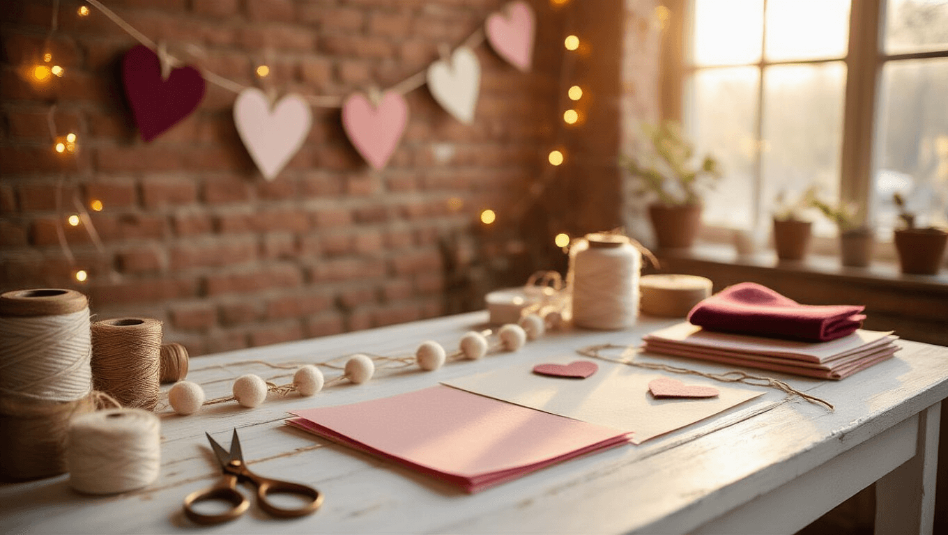 A beautifully styled craft room at golden hour, featuring a rustic table with crafting materials for a heart garland, including pink, burgundy, and gold paper, vintage scissors, and twine, with completed garlands and fairy lights in the background.