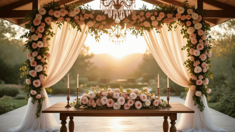A luxurious indoor-outdoor venue adorned with a blush pink, ivory, and cream rose garland cascading from wooden beams, bathed in warm golden hour light, featuring a vintage wooden table dressed in velvet linens and complemented by brass candlesticks and crystal glasses, with soft bokeh in the background.
