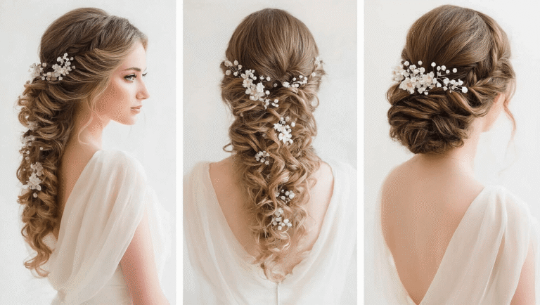 A romantic wedding hairstyle featuring soft curls adorned with pearl pins and fresh flowers against a clean background.