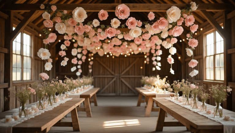 A wide-angle shot of a rustic barn interior at golden hour, featuring a cascading paper flower garland in blush pink and ivory, illuminated by warm string lights, with farmhouse tables below adorned with miniature garlands and vintage glass bottles filled with wildflowers, creating a dreamy, romantic atmosphere.