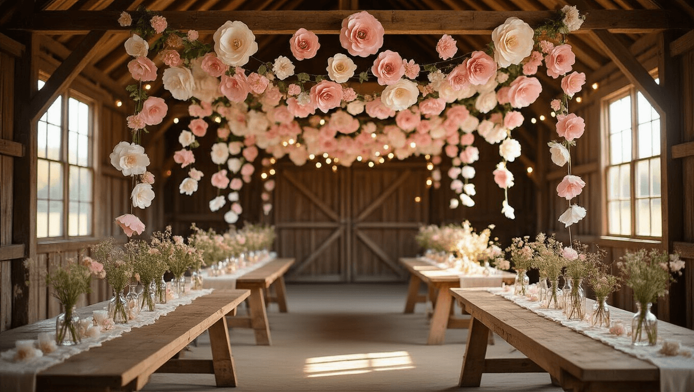 A wide-angle shot of a rustic barn interior at golden hour, featuring a cascading paper flower garland in blush pink and ivory, illuminated by warm string lights, with farmhouse tables below adorned with miniature garlands and vintage glass bottles filled with wildflowers, creating a dreamy, romantic atmosphere.