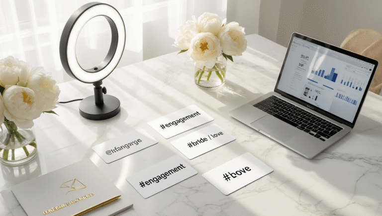 Cinematic overhead shot of a modern home office with a white marble desk, hashtag planning cards, a MacBook Pro displaying Instagram analytics, a professional ring light, and white peonies in a glass vase, all in soft morning light.