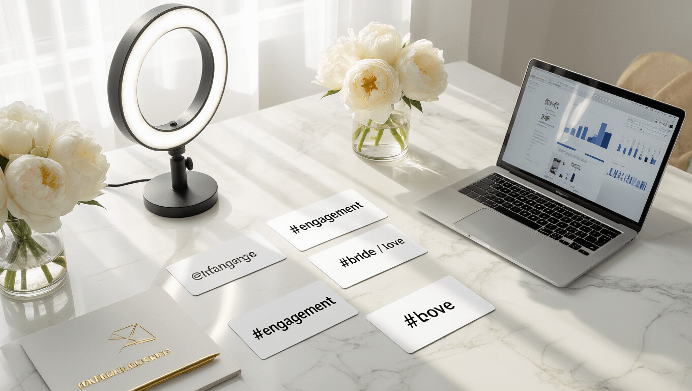 Cinematic overhead shot of a modern home office with a white marble desk, hashtag planning cards, a MacBook Pro displaying Instagram analytics, a professional ring light, and white peonies in a glass vase, all in soft morning light.