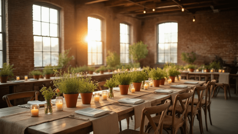 Cinematic wide-angle shot of a sunlit industrial loft wedding venue with exposed brick walls, reclaimed wooden beams, and warm diffused lighting, featuring long harvest tables with herb centerpieces, jute table runners, beeswax candles, and a living green wall, all showcasing eco-conscious elegance.