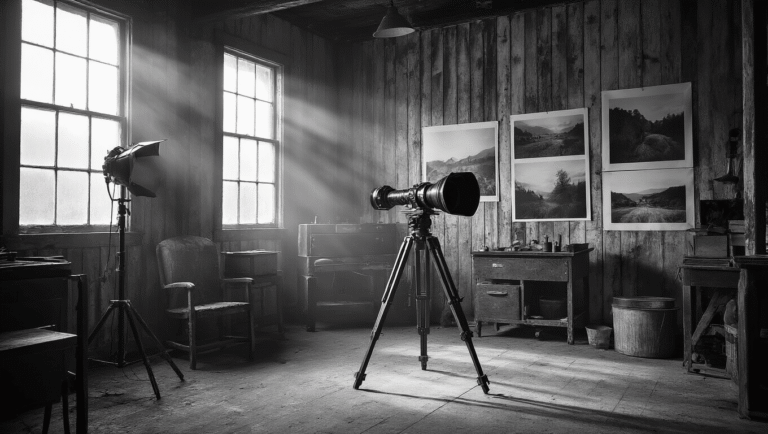 A dramatic black and white photograph of a remote Tasmanian photography studio, featuring a large-format camera on a wooden tripod, silver-gelatin prints on weathered walls, and vintage darkroom equipment, all illuminated by natural light through industrial windows with dust particles visible in the beams.