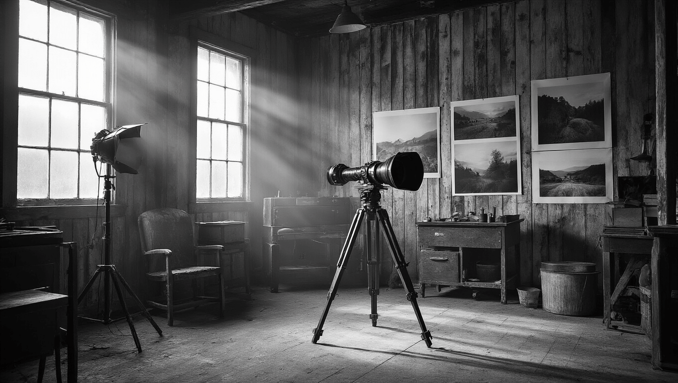 A dramatic black and white photograph of a remote Tasmanian photography studio, featuring a large-format camera on a wooden tripod, silver-gelatin prints on weathered walls, and vintage darkroom equipment, all illuminated by natural light through industrial windows with dust particles visible in the beams.