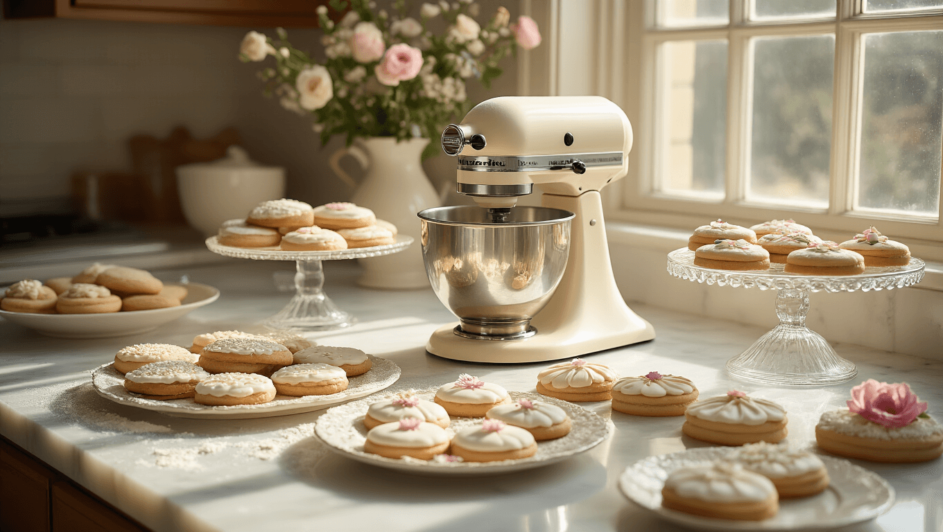 A sun-drenched kitchen scene featuring an elegant display of wedding cookies on a marble countertop, showcasing cookies in various stages of decoration with royal icing and edible flowers, complemented by a vintage KitchenAid mixer, copper measuring cups, and natural light casting dramatic shadows.