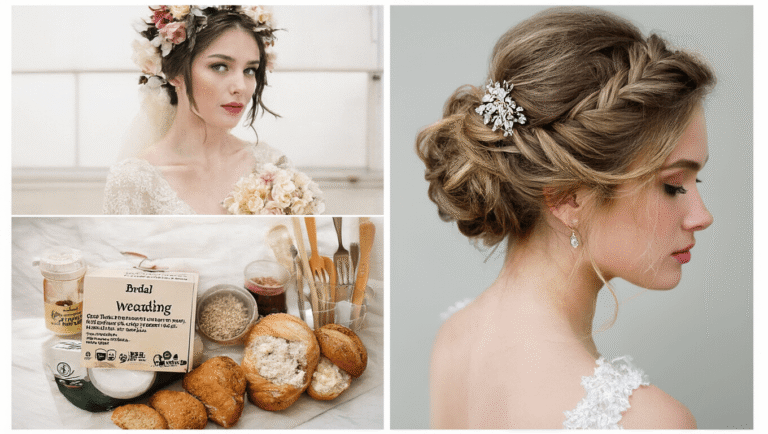 An elegant wedding hair updo adorned with floral accessories, showcasing intricate braiding and styling techniques against a soft, romantic backdrop.