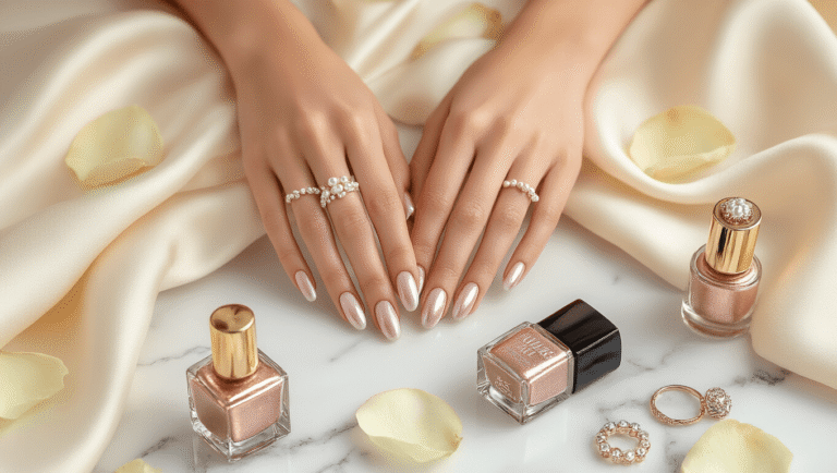 A close-up of a bride's hands featuring a rose gold French manicure with delicate pearl accents, set against soft cream silk fabric and scattered rose petals, alongside luxury nail polish bottles and vintage jewelry on a marble surface, illuminated by warm morning light.