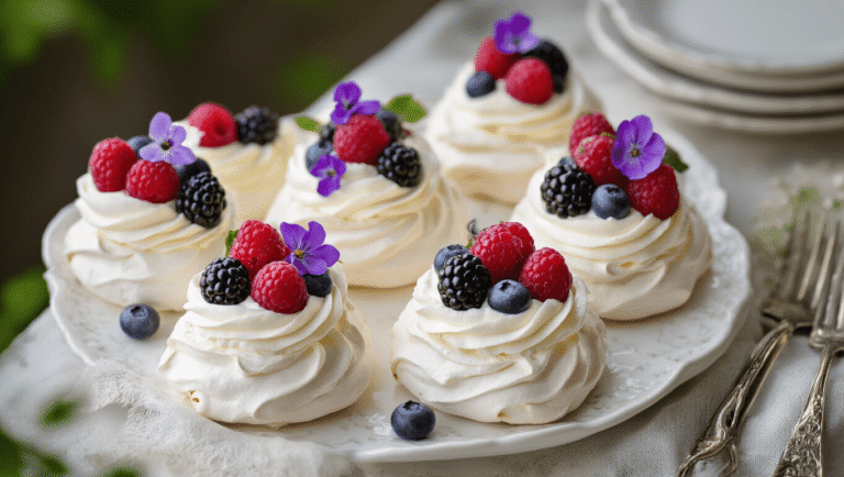 A professional food photography shot of elegant mini pavlovas topped with mixed berries and whipped cream, arranged on a vintage white ceramic platter with rose petals, captured in soft natural light with a blurred background.