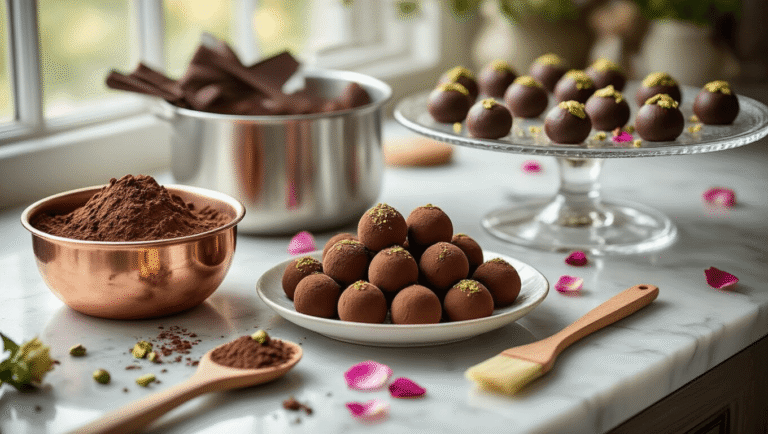 Cinematic close-up of handcrafted chocolate truffles on a marble countertop, surrounded by artisanal pastry tools, accented with rose petals and edible flowers, showcasing a luxurious kitchen setting with soft natural lighting.