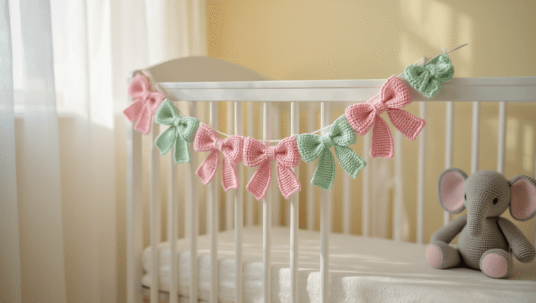 A dreamy nursery scene featuring a pastel crochet bow garland draped across a white crib, illuminated by soft natural light, with a plush elephant toy in the corner and gentle shadows on a pale yellow wall.