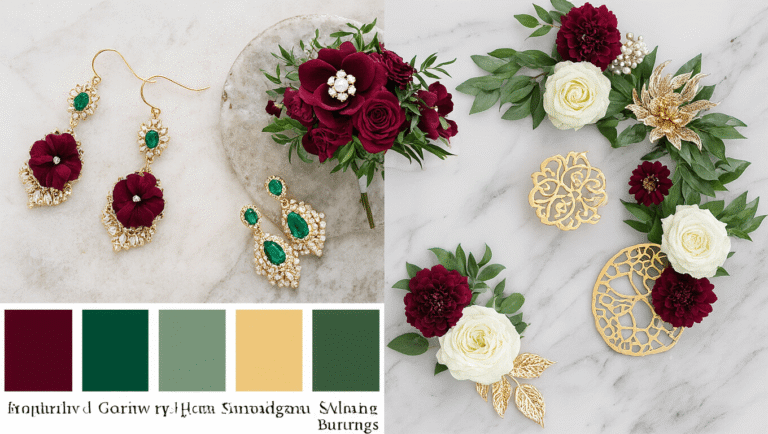 A winter wedding palette featuring burgundy and emerald colors with gold accents, set against a marble background.