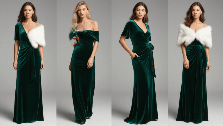 Emerald velvet winter wedding guest dress paired with a luxurious faux fur wrap, set against a clean background.