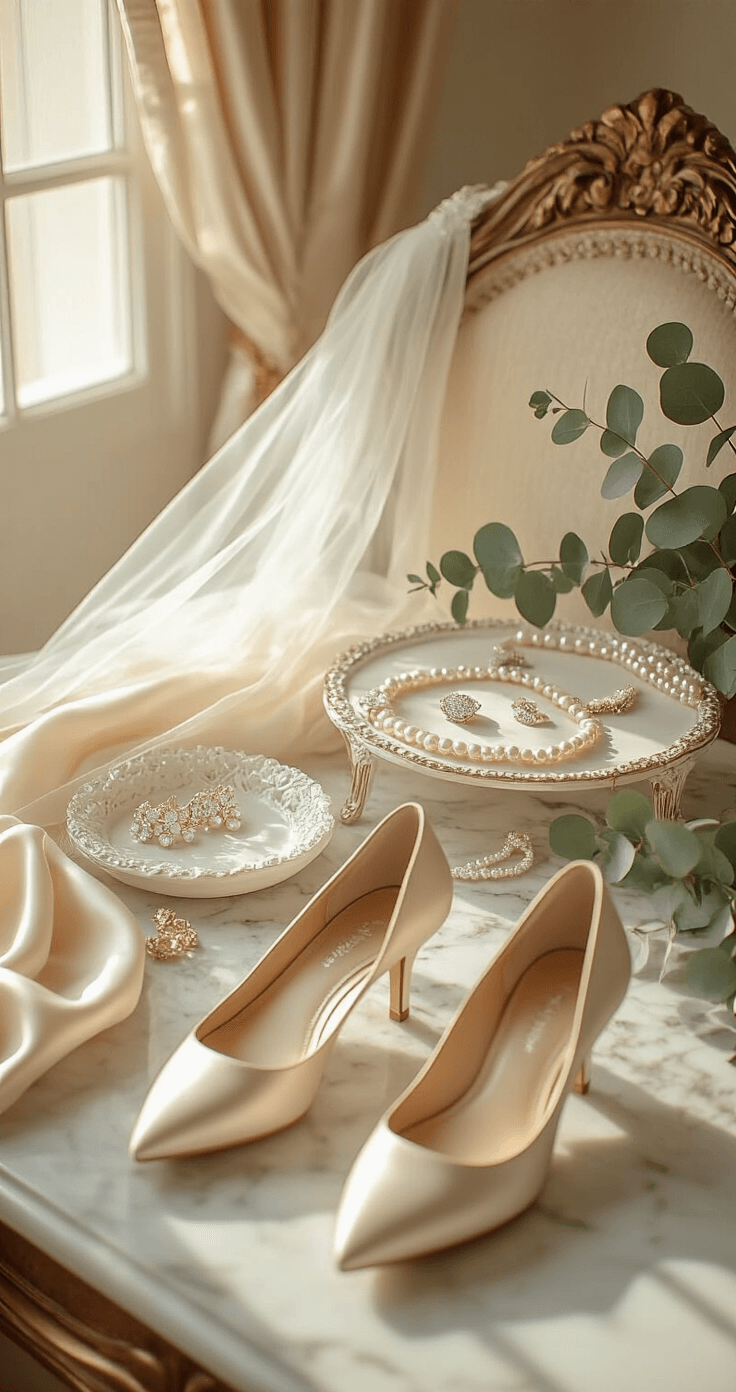 Budget-Friendly Wedding Dresses: Your Ultimate Guide to Looking Stunning Without Breaking the Bank A sophisticated bedroom vanity area featuring budget bridal accessories on a marble surface, illuminated by soft morning light, with delicate jewelry pieces, an affordable wedding veil draped over a vintage chair, nude wedding shoes nearby, and pearl earrings arranged on a white tray, all in a cream and gold color scheme with silk scarves and fresh eucalyptus.
