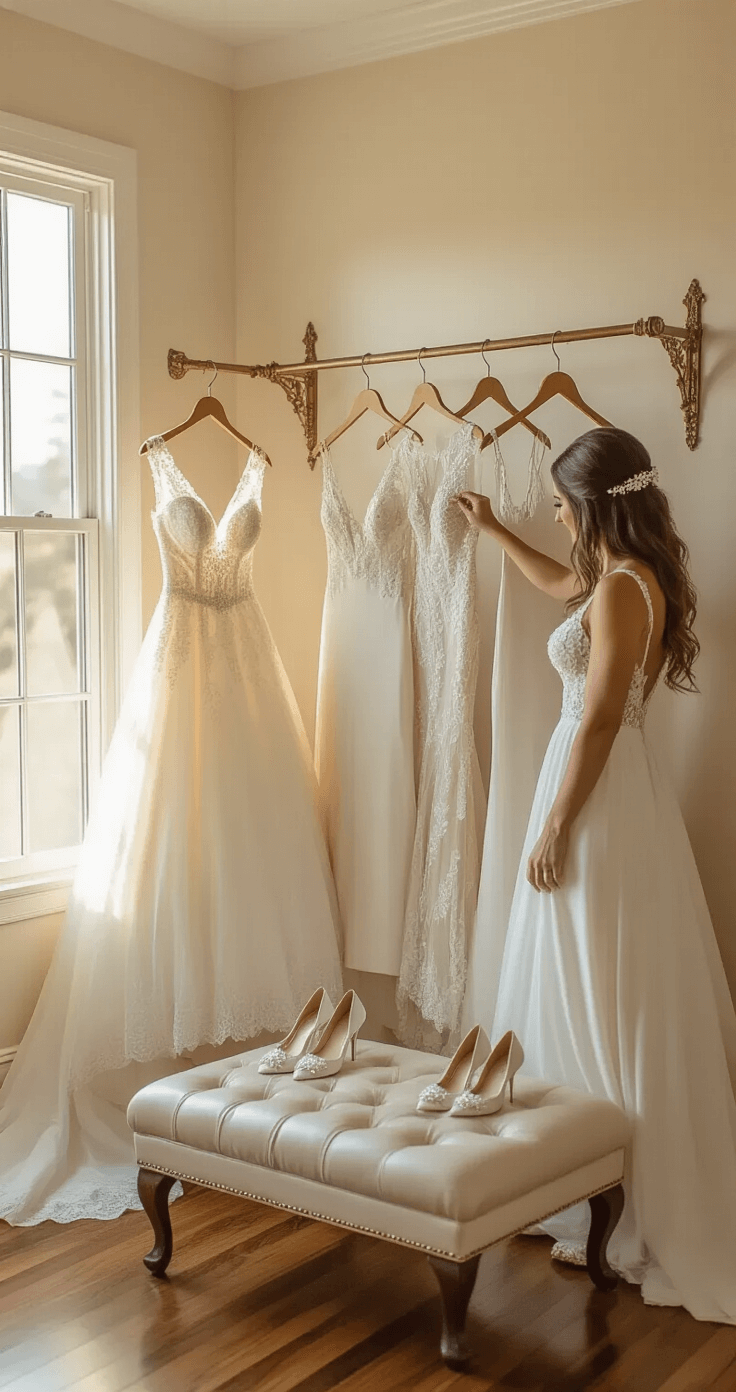 The Classic White Wedding Dress: Your Ultimate Guide to Timeless Bridal Elegance A serene modern bedroom at golden hour features a bride exploring three wedding dresses—an intricately beaded ballgown, a sleek sheath, and a romantic lace A-line—hanging on a vintage brass rack, with soft natural light illuminating elegant fabrics and bridal accessories.