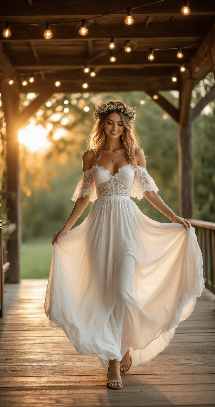 The Classic White Wedding Dress: Your Ultimate Guide to Timeless Bridal Elegance A radiant bride twirls in a flowing bohemian white dress with off-shoulder lace sleeves at a charming rustic outdoor venue adorned with string lights, as warm golden sunlight filters through the trees, creating a joyful and carefree atmosphere.