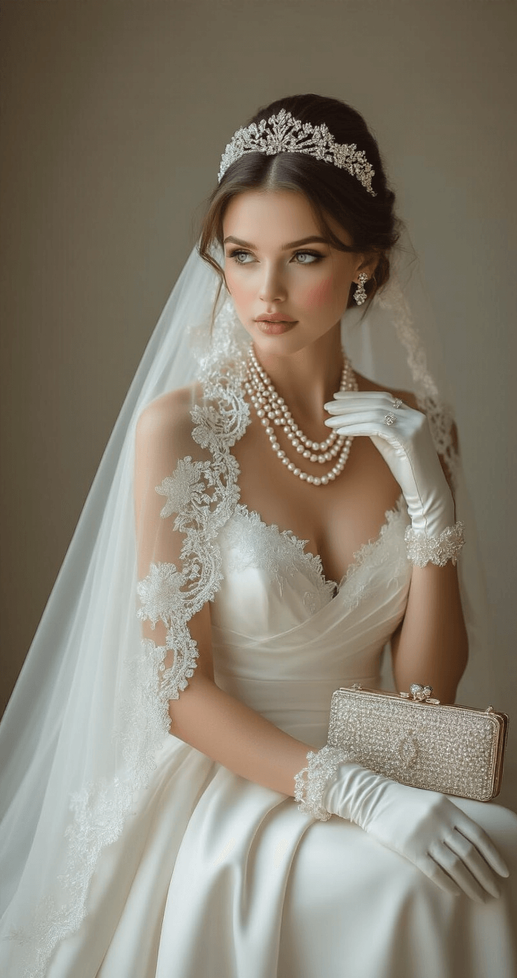 The Classic White Wedding Dress: Your Ultimate Guide to Timeless Bridal Elegance A pristine white photography studio featuring a seamless backdrop and professional lighting, showcasing exquisite bridal accessories including a cathedral-length veil, vintage pearl necklace, diamond tiara, ivory silk gloves, and a beaded clutch, all arranged artistically under soft diffused lighting to highlight their intricate textures and luxurious details.