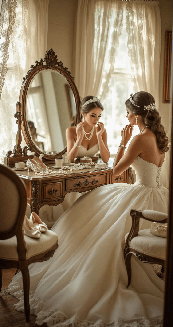 The Classic White Wedding Dress: Your Ultimate Guide to Timeless Bridal Elegance Cozy vintage bedroom scene featuring a thoughtful bride at an ornate vanity trying on jewelry, with lace curtains filtering soft morning light. Nearby, a classic ballgown, satin shoes, silk stockings, and a beaded purse are arranged, capturing a warm, intimate styling moment.