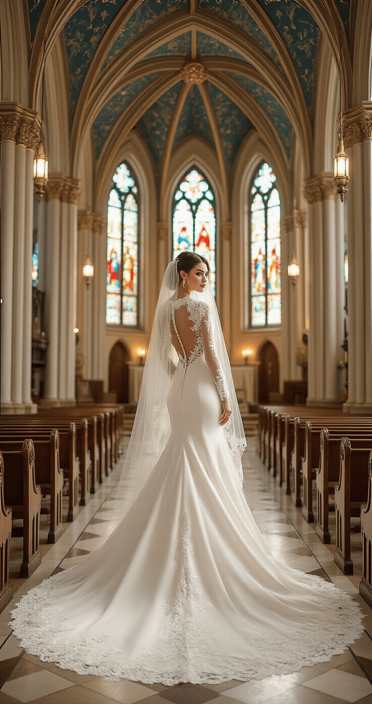The Classic White Wedding Dress: Your Ultimate Guide to Timeless Bridal Elegance Elegant bride in a long-sleeved wedding dress with lace appliqués poses in a gothic church interior, surrounded by stained glass windows casting colorful patterns, embodying timeless wedding elegance.
