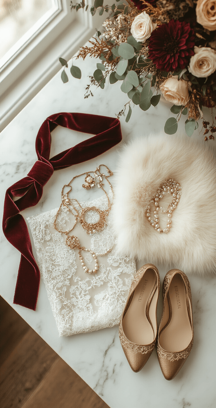 The Ultimate Guide to Lace Wedding Dresses: Your Complete Style Companion Autumn-themed wedding accessories flat lay on a marble countertop, featuring lace fabric swatches, burgundy velvet ribbon, cream faux fur stole, vintage pearl jewelry, bronze bridal shoes, dried eucalyptus branches, and warm-toned flowers, captured in soft natural light.