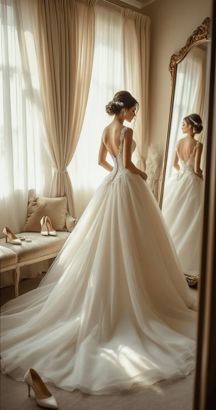 The Ultimate Guide to Ball Gown Wedding Dresses: Your Dream Bridal Look Revealed A bride in a dramatic ball gown admires herself in a full-length mirror in an elegant boutique fitting room, illuminated by soft afternoon light filtering through sheer curtains, surrounded by bridal accessories and plush velvet seating.