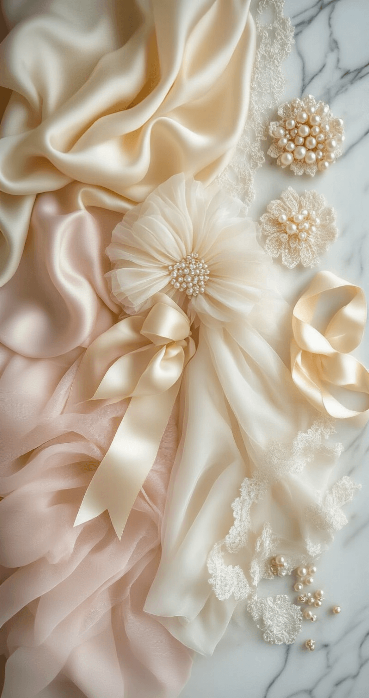 The Ultimate Guide to Ball Gown Wedding Dresses: Your Dream Bridal Look Revealed Close-up of luxurious ball gown fabrics arranged on a marble surface, featuring flowing silk, ethereal tulle, smooth satin ribbons, and delicate organza in cream and blush pink tones, accented with pearl buttons and lace trim, captured in golden hour lighting.