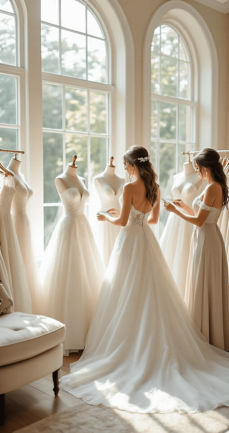 The Ultimate Guide to Ball Gown Wedding Dresses: Your Dream Bridal Look Revealed A bright bridal boutique scene featuring a bride exploring ball gown samples with various necklines, including sweetheart and off-shoulder styles on mannequins, while a consultant arranges accessories. The space is filled with natural light from large windows, showcasing a soft neutral color scheme with ivory and champagne accents, an organized rack of gowns, and a cozy seating area, capturing a candid lifestyle moment.