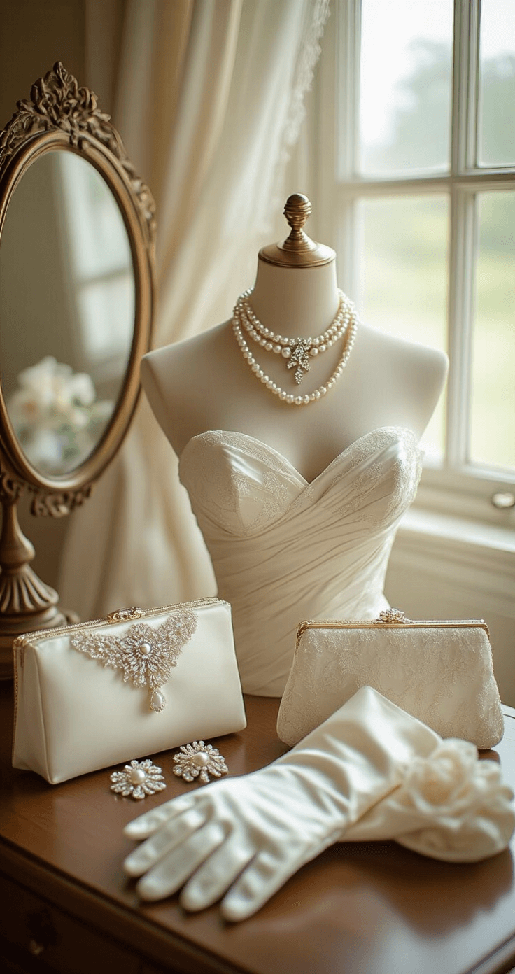 The Ultimate Guide to Ball Gown Wedding Dresses: Your Dream Bridal Look Revealed Elegant bridal accessories artfully arranged on a vintage vanity, featuring a ball gown bodice, statement pearl necklace, delicate drop earrings, silk opera gloves, crystal hairpiece, and an ivory clutch purse, all illuminated by soft ambient light, with a color palette of cream, pearl white, and subtle gold accents.