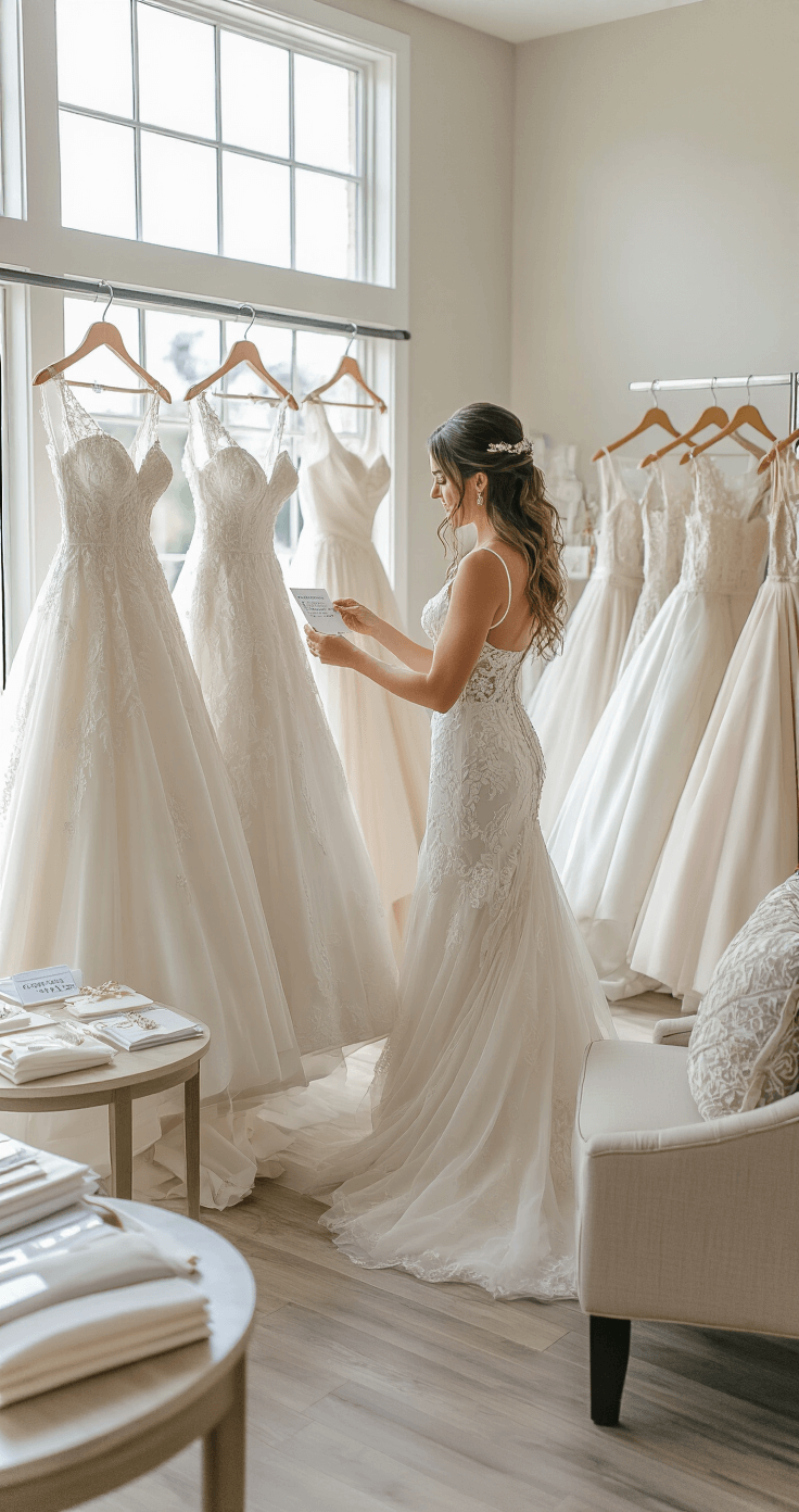 The Ultimate Guide to Ball Gown Wedding Dresses: Your Dream Bridal Look Revealed A bride examines price tags and fabric samples at a bridal boutique consultation, surrounded by organized displays of ball gowns at various price points, styling boards with accessory combinations, and a comfortable seating area in bright natural light.