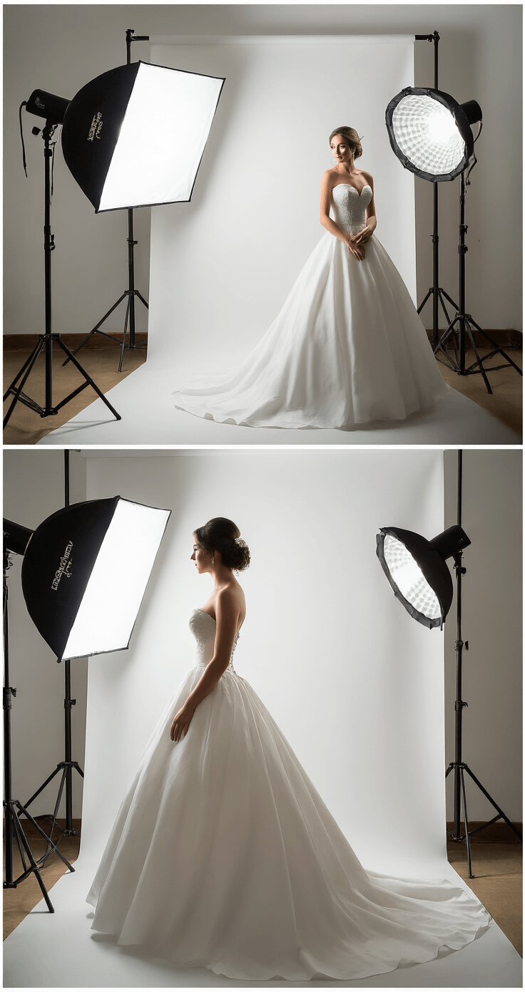 The Ultimate Guide to Ball Gown Wedding Dresses: Your Dream Bridal Look Revealed Professional bridal photography session in studio featuring a bride in a dramatic ball gown with a fitted bodice and full skirt, illuminated by softbox lighting, as a photographer captures both full-body and detail shots against a clean white backdrop, with visible professional camera equipment and behind-the-scenes hair and makeup touch-ups.