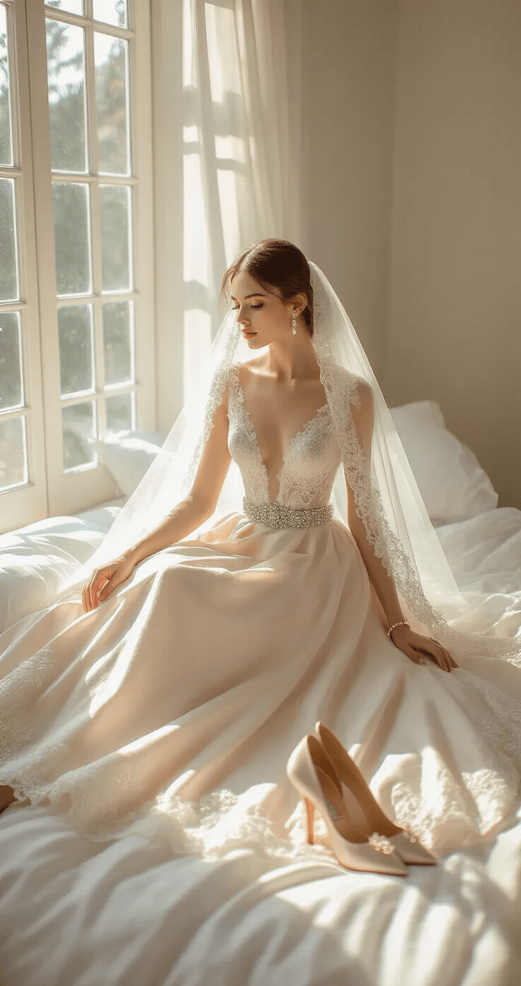 A-Line Wedding Dress: Your Ultimate Style Guide for the Perfect Bridal Look Elegant flat lay of a blush mikado A-line wedding dress on white linen bedding, featuring a sparkling crystal belt, cathedral veil, pearl drop earrings, satin heels, and a delicate gold bracelet, all illuminated by soft morning light creating dreamy shadows.