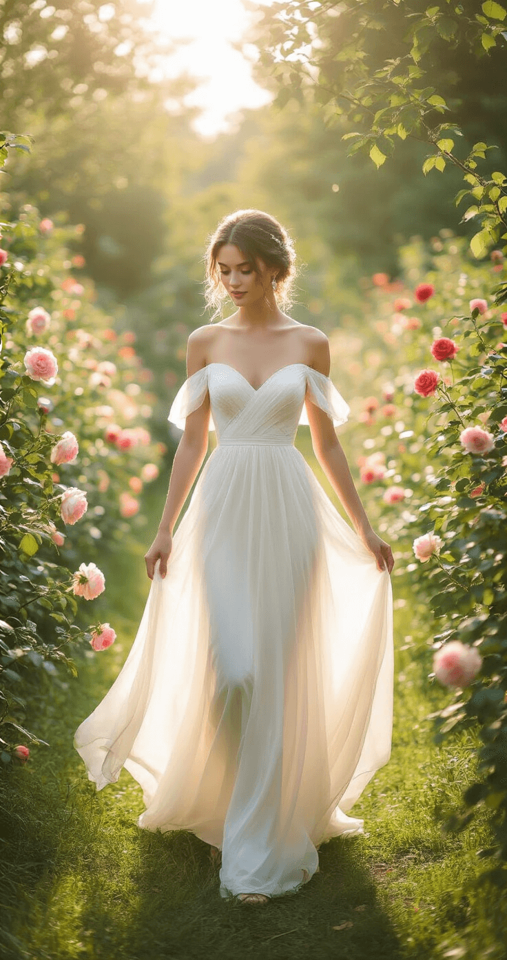 A-Line Wedding Dress: Your Ultimate Style Guide for the Perfect Bridal Look Bride in a flowing A-line chiffon gown with off-shoulder sleeves walking through a blooming rose garden, sunlight filtering through leaves and creating dappled patterns on her dress, complemented by natural makeup and a loose romantic updo adorned with baby's breath.
